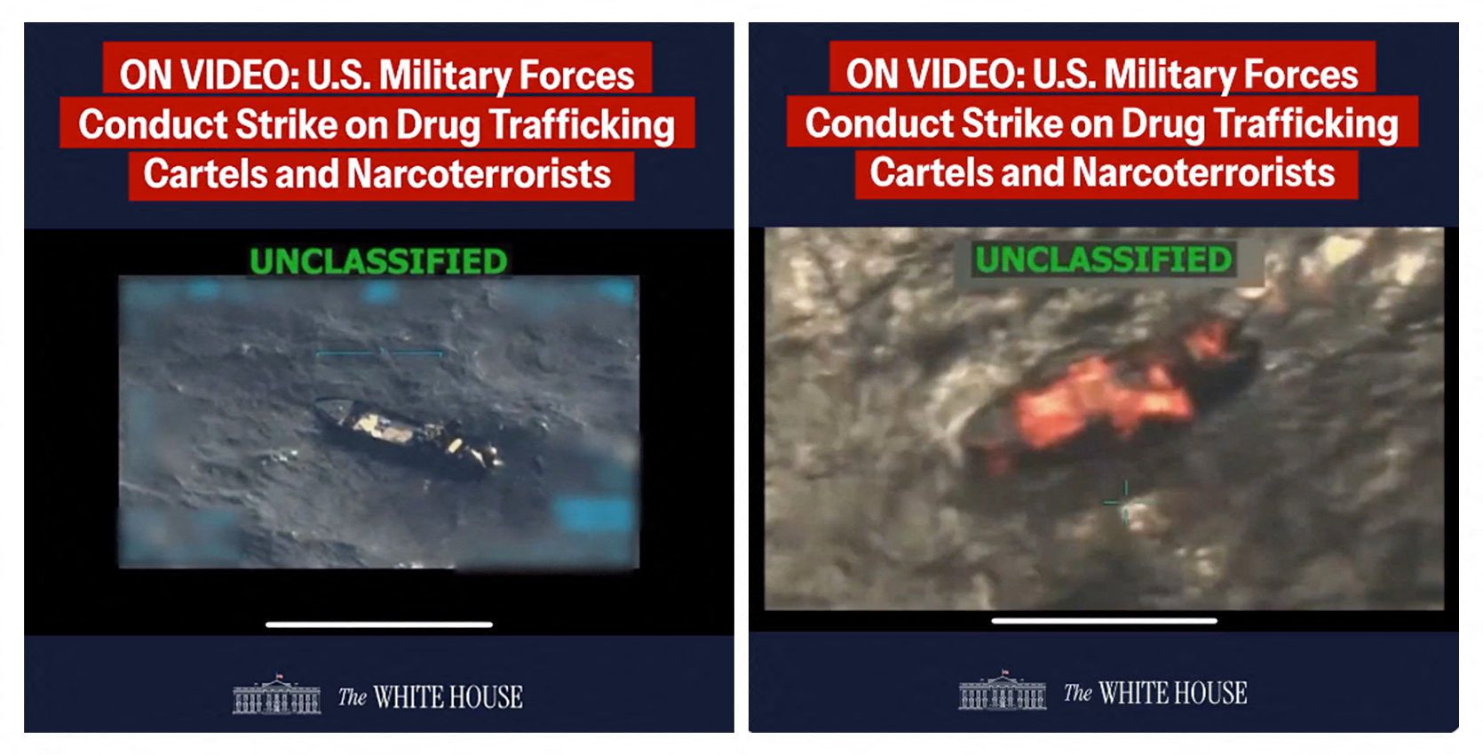 A combination image shows two screen captures from a video posted on the X account of The White House depicting what U.S. President Trump said was a U.S. military strike on a Venezuelan drug cartel vessel.