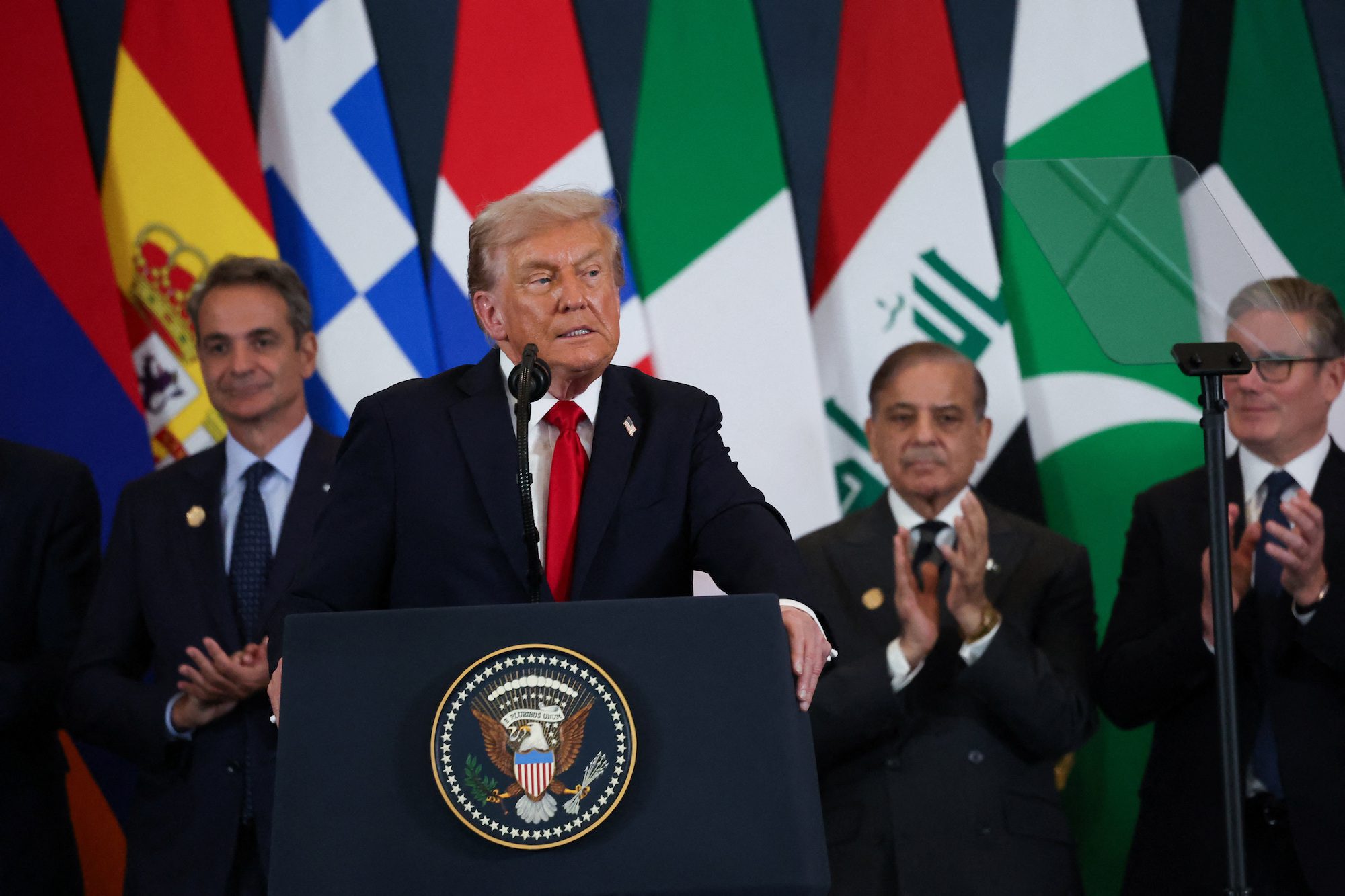 U.S. President Donald Trump speaks during world leaders' summit on ending the Gaza war, amid a U.S.-brokered prisoner-hostage swap and ceasefire deal between Israel and Hamas, in Sharm el-Sheikh, Egypt, October 13, 2025