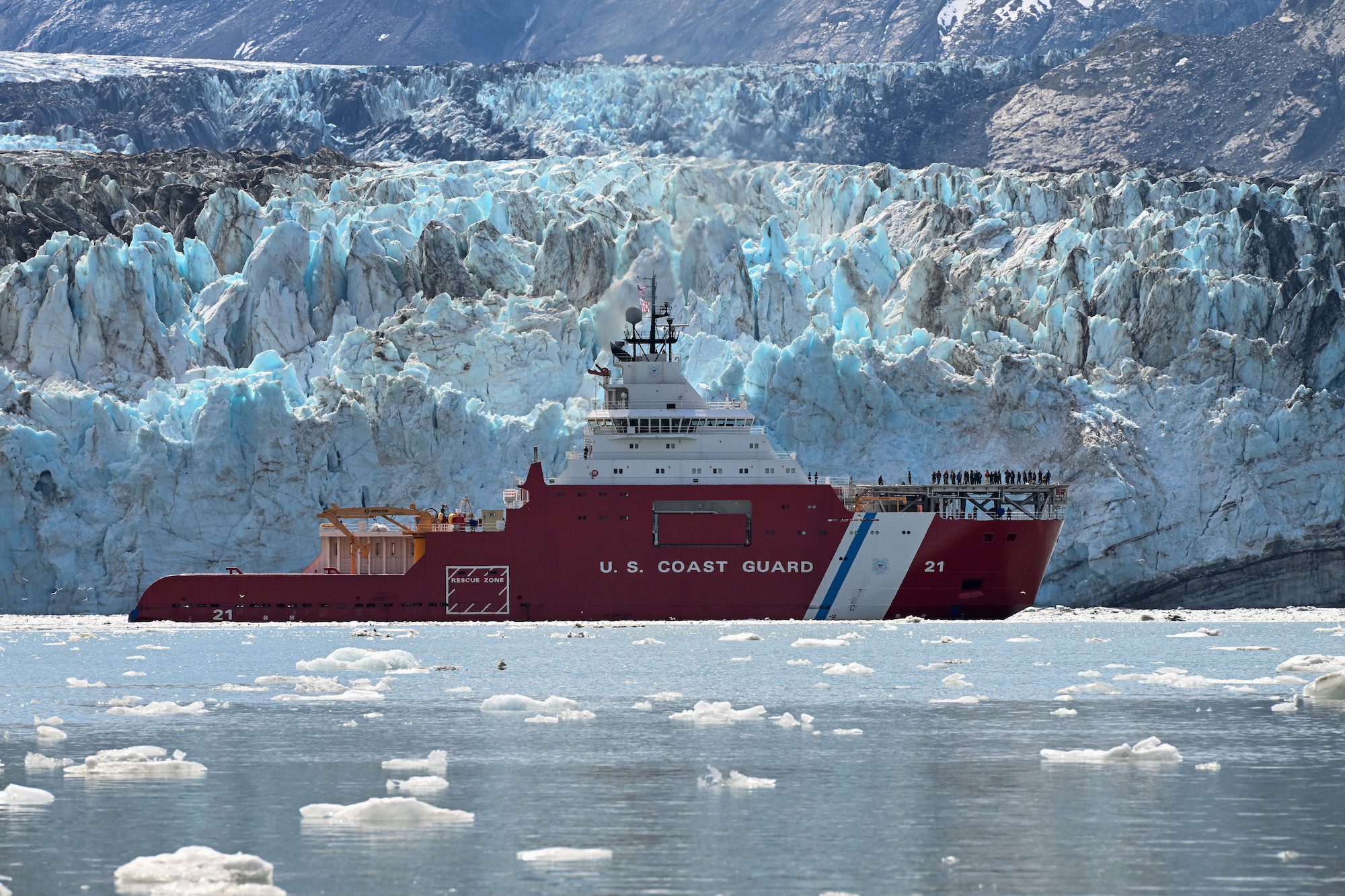 The U.S. Coast Guard Cutter Storis uses dynamic positioning to maintain its position near the Johns Hopkins Glacier in Glacier Bay National Park and Preserve, Alaska