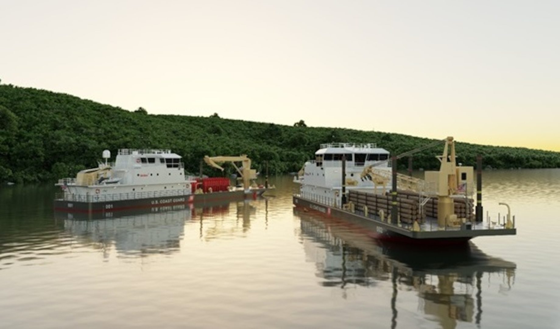 Rendering of two Waterways Commerce Cutter variants: a River Buoy Tender (left) and an Inland Construction Tender (right)