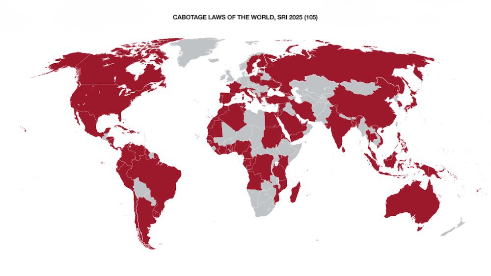 Map of 105 nations across the world that have cabotage laws