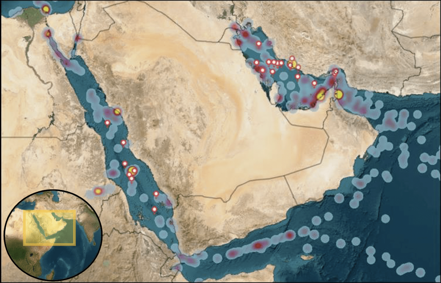 A map with red and white pins representing the reporting vessels