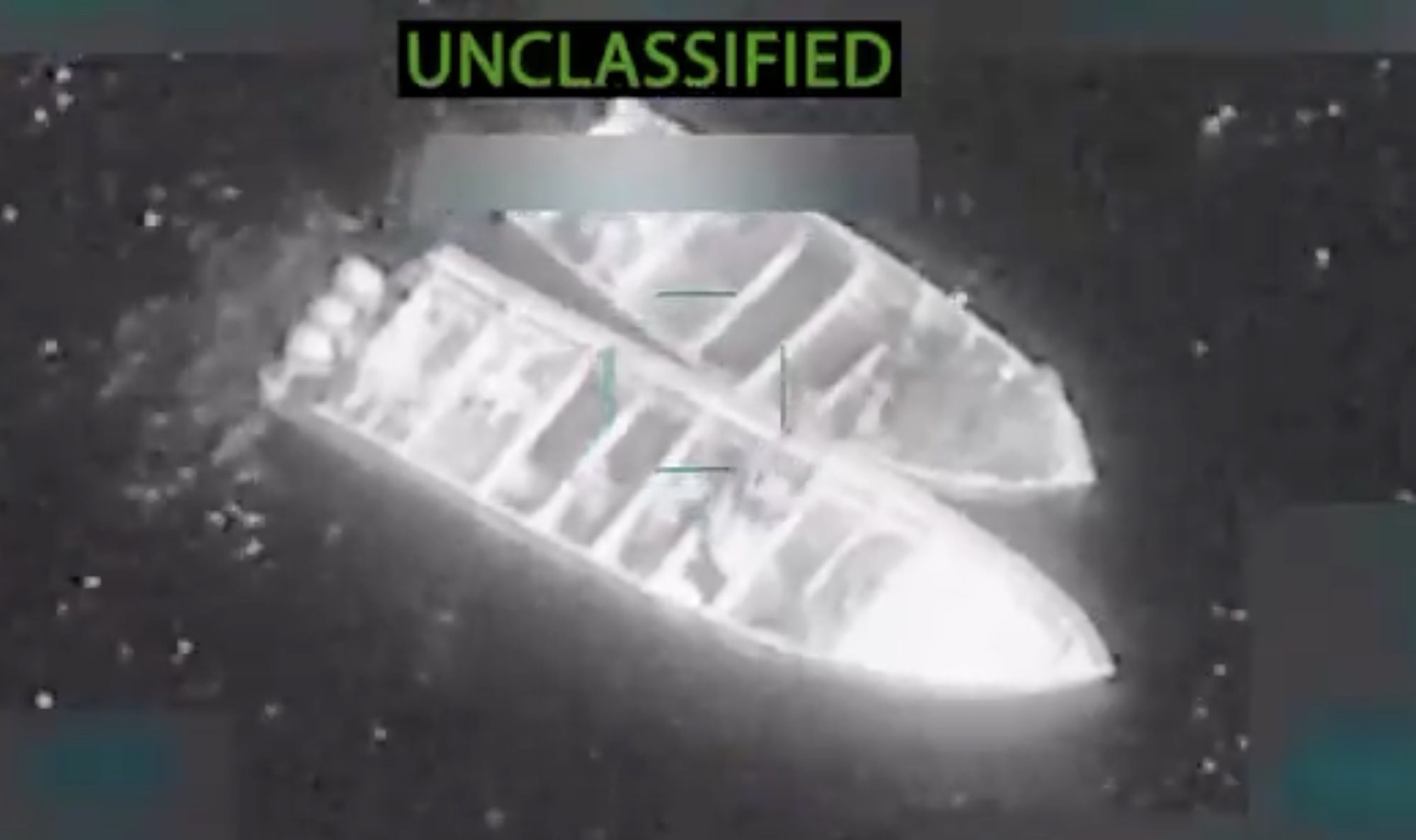 A screenshot from video shared by U.S. Secretary of War Pete Hegseth showing two alleged drug smuggling vessels before they were destroyed by U.S. forces in the Eastern Pacific Ocean, October 27, 2025