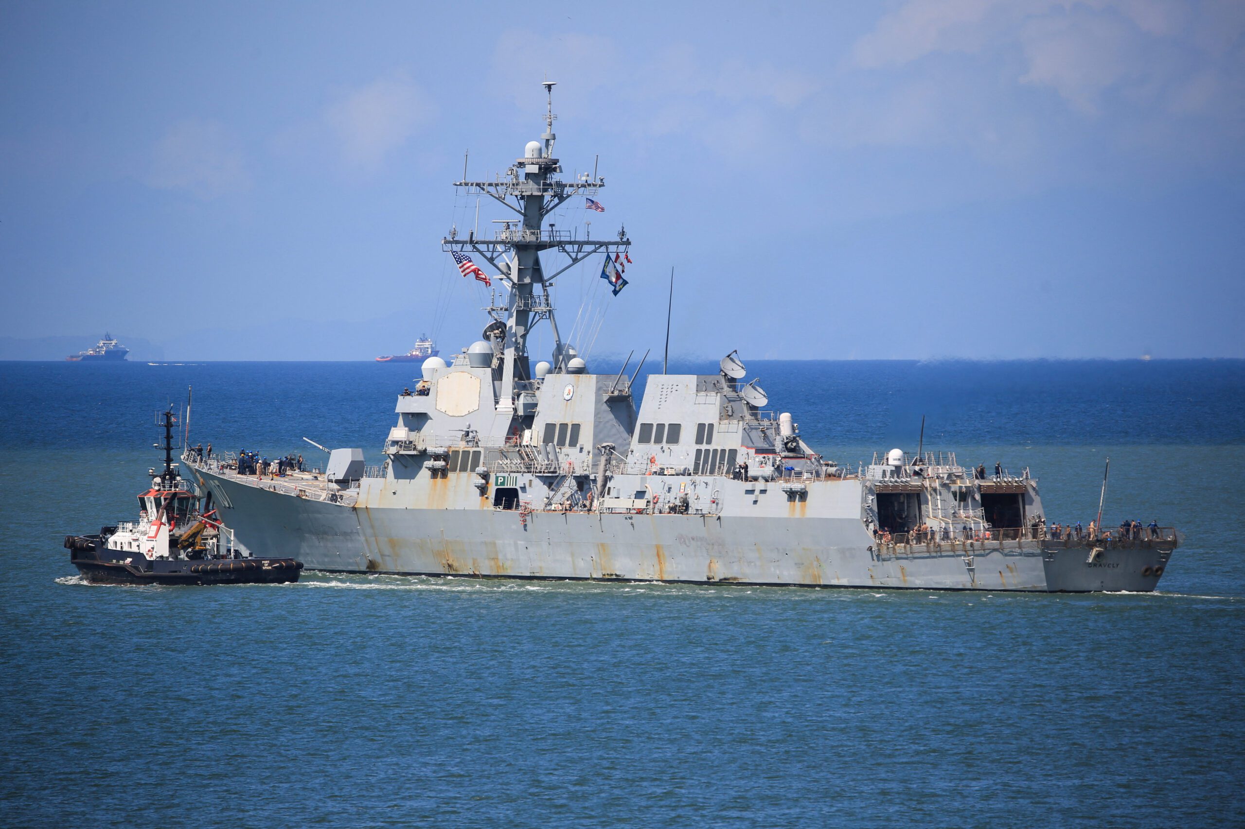 U.S. Navy destroyer USS Gravely sails off the coast of Trinidad and Tobago