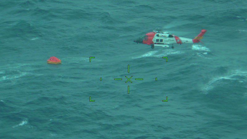 A U.S. Coast Guard MH-60 Jayhawk helicopter crew from Air Station Elizabeth City rescued five individuals from a life raft after their sailboat, Magic Bus, began taking on water 260 nautical miles offshore Cape Hatteras, North Carolina