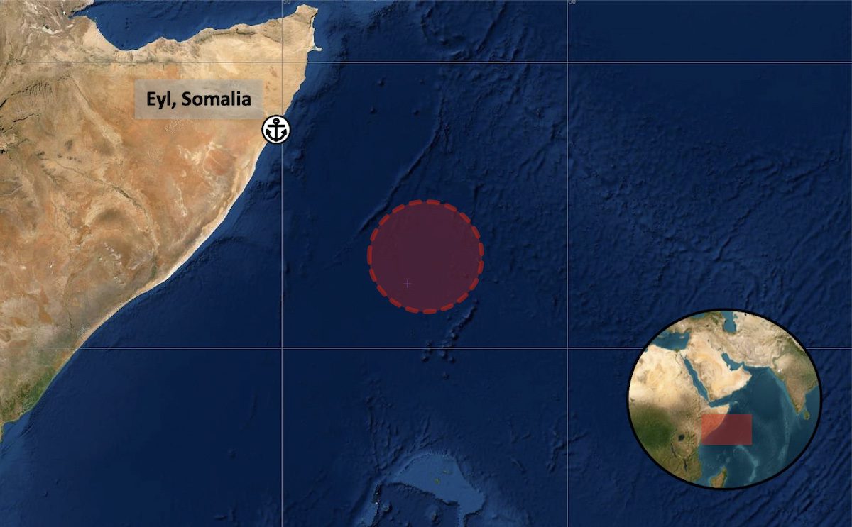 UKMTO map showing the location of the "illegal boarding" approximately 560 nautical miles southeast of Eyl, Somalia