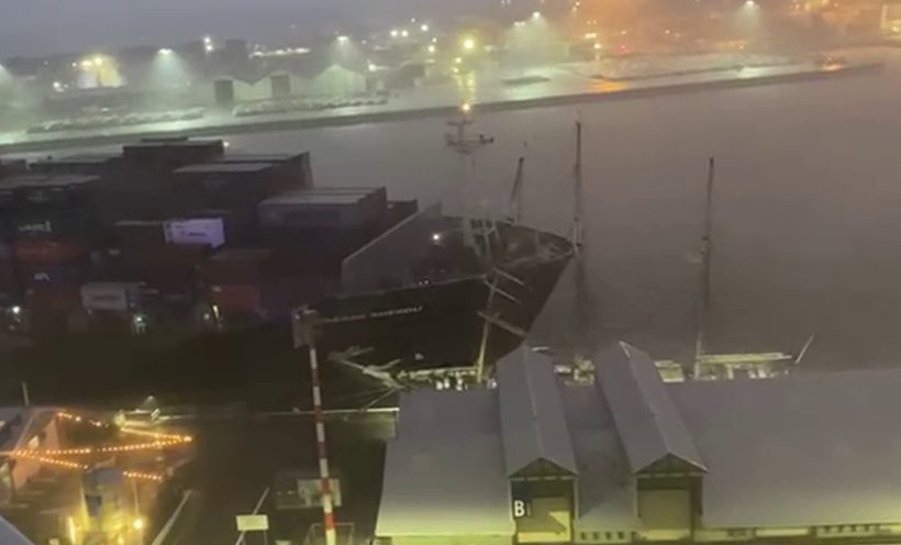 An image showing the impact of the Maersk Shekou on the tall ship Leeuwin II in the Port of Fremantle, on August 30, 2024. Image courtesy Australian Transport Safety Bureau