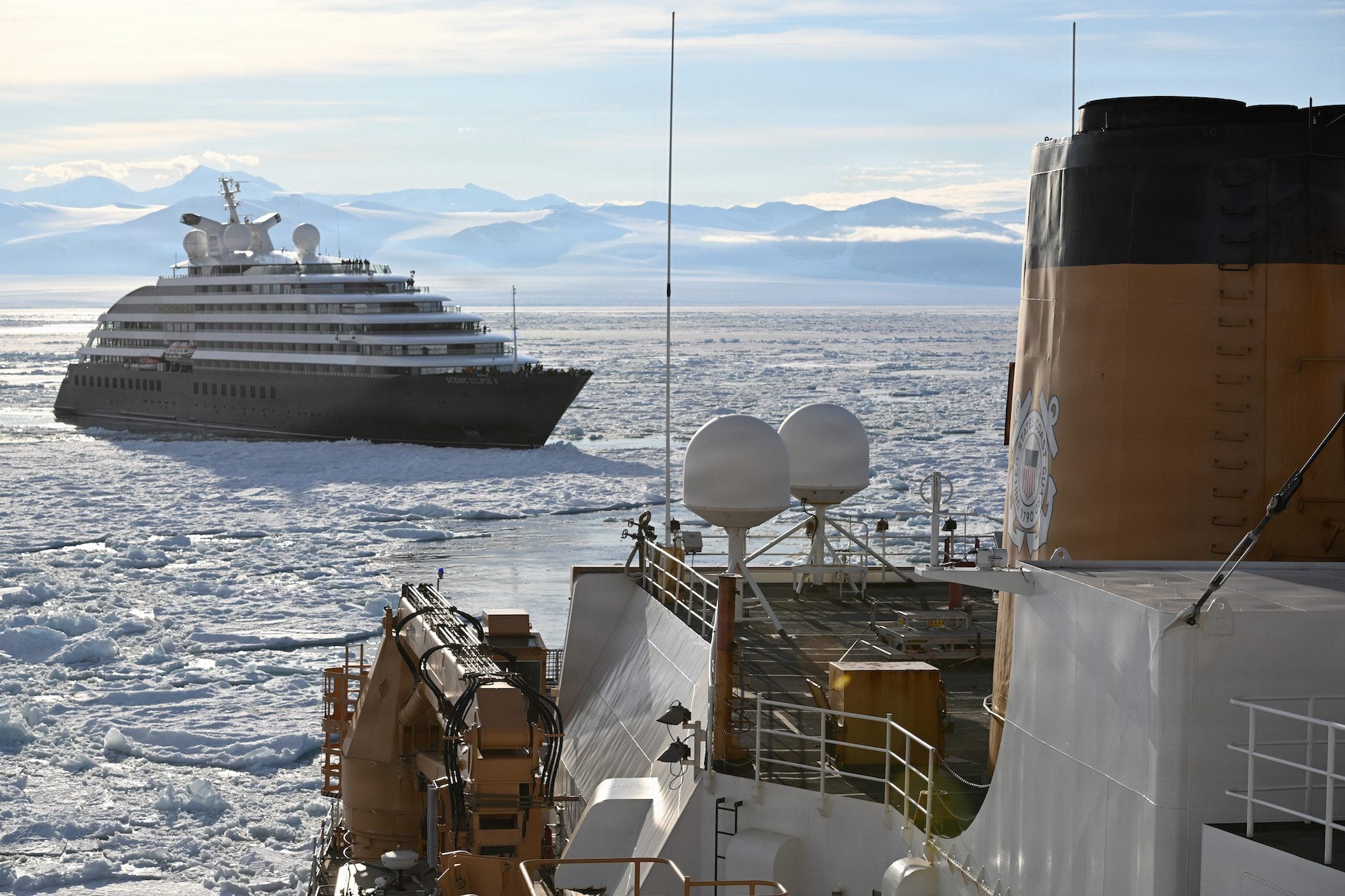 USCGC Polar Star (WAGB 10) escorts an Australian -owned cruise ship out of pack ice in the Ross Sea after the vessel requested assistance amid Operation Deep Freeze 2026