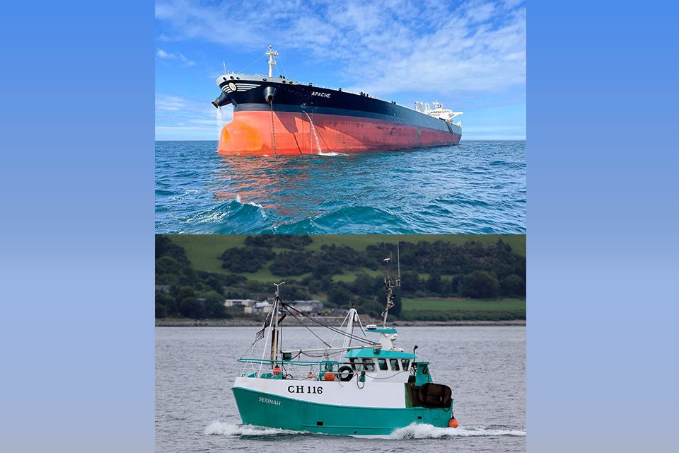Crude oil tanker Apache (top) and fishing trawler Serinah (bottom), the two vessels involved in a 2024 collision in Scotland’s Firth of Clyde that prompted an MAIB safety investigation