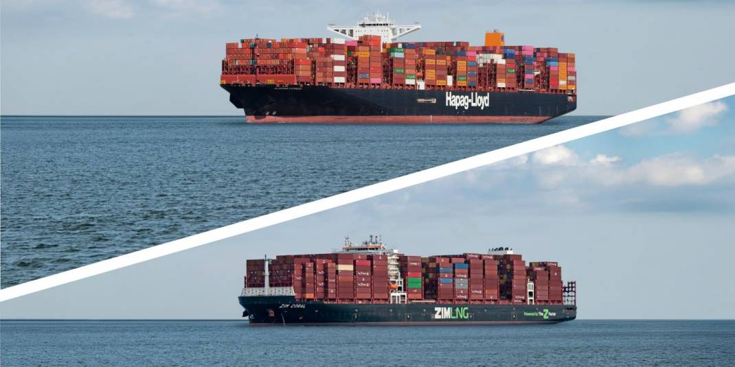 Split image showing a Hapag-Lloyd container ship loaded with multicolored containers (top) and a ZIM LNG-powered container vessel at sea (bottom), illustrating Hapag-Lloyd’s planned acquisition of ZIM