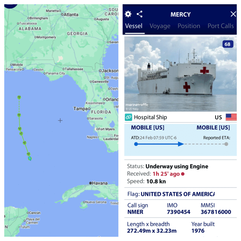 MarineTraffic AIS data showing the USNS Mercy's location as of 26 Feb 02:11 UTC