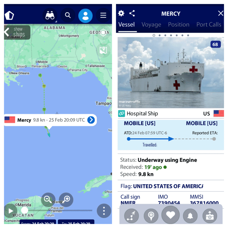 Screenshots from MarineTraffic.com showing Mercy's AIS broadcast from February 25, 2026 at 20:09 UTC