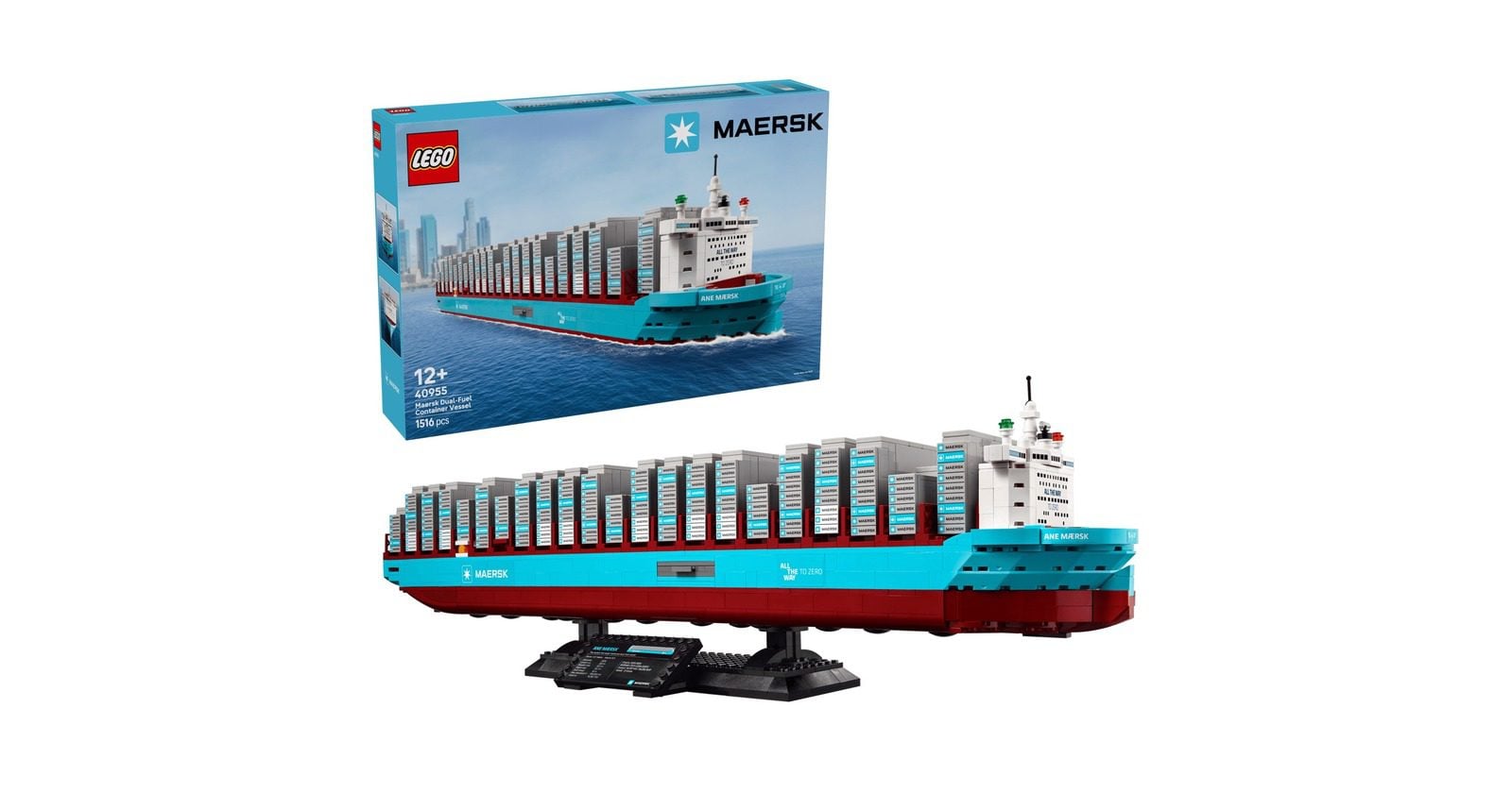 LEGO model of Maersk container ship ANE MAERSK shown fully built with stacked containers and display stand
