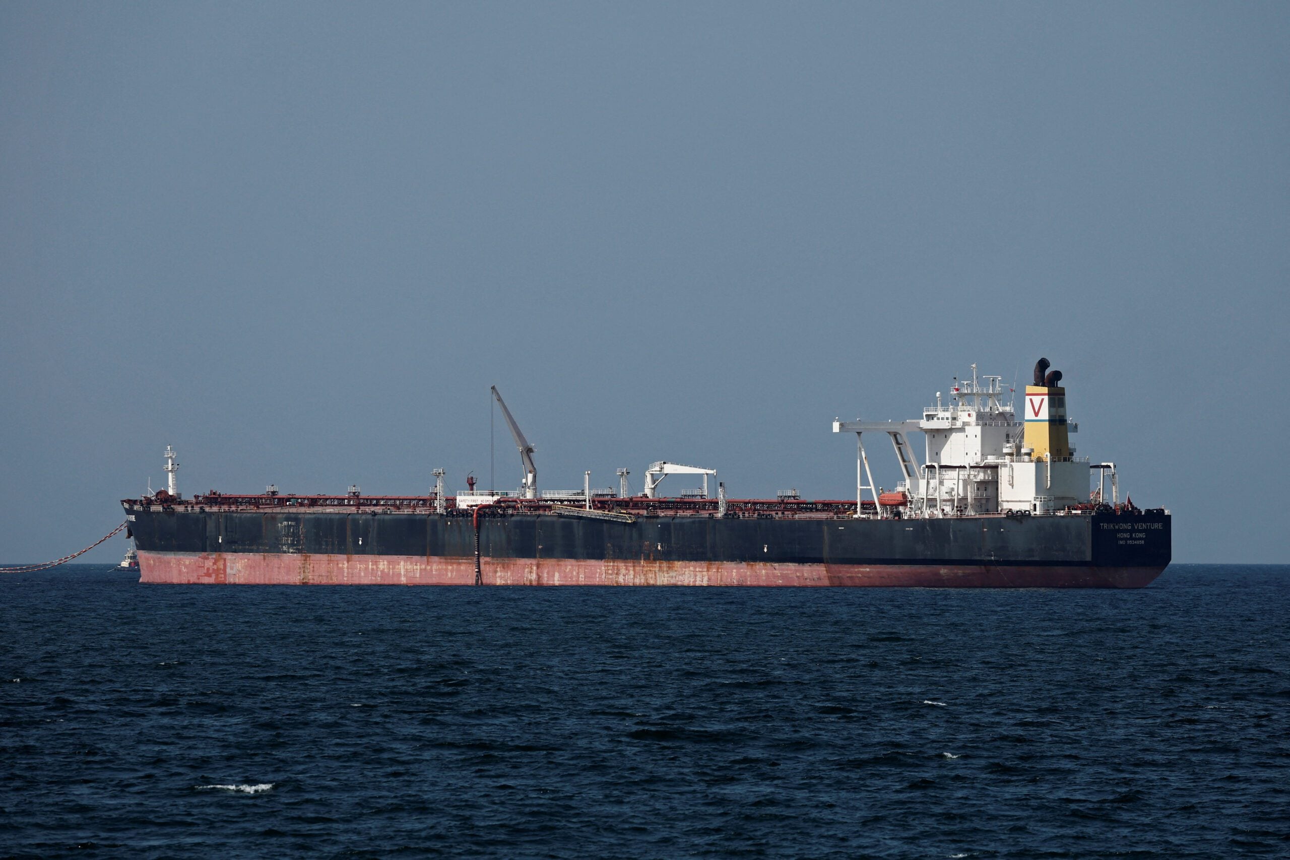 Trikwong Venture, a crude oil tanker sits anchored in Muscat