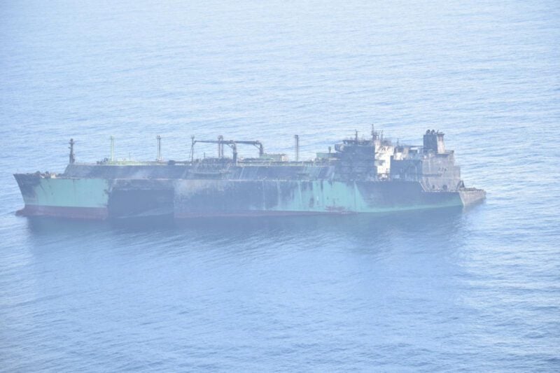 A Russian LNG tanker, Arctic Metagaz, damaged earlier this month and currently adrift without crew, floats in international waters in the Mediterranean Sea