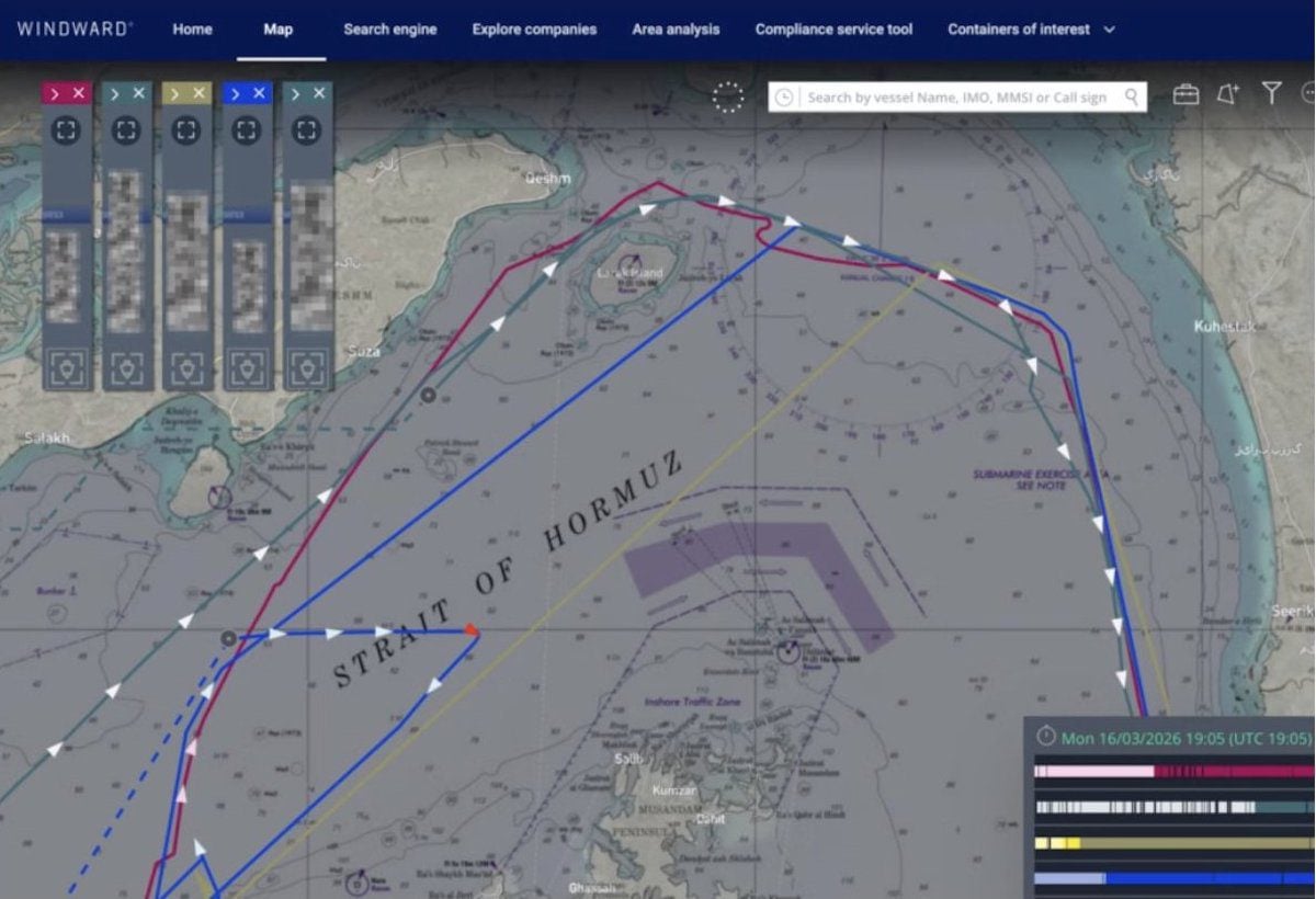 Vessels typically transit the narrow international channel (purple), but recent tracks (red) show ships rerouting along Iran’s coastline