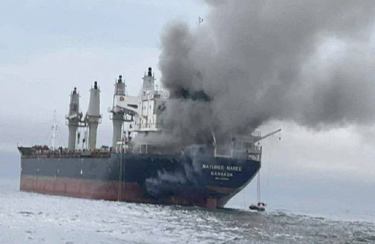 The Thailand-flagged cargo ship Mayuree Naree engulfed in black smoke in the Strait of Hormuz