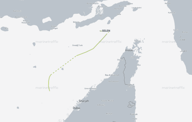 AIS track shows the container ship SELEN reversing course near the Strait of Hormuz after departing Sharjah Anchorage, consistent with Iran’s claim the vessel was turned back for lacking transit permission