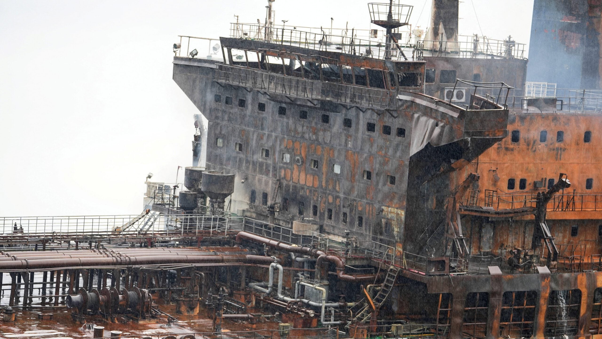 A foreign tanker carrying Iraqi fuel oil damaged after catching fire in Iraq's territorial waters, near Basra