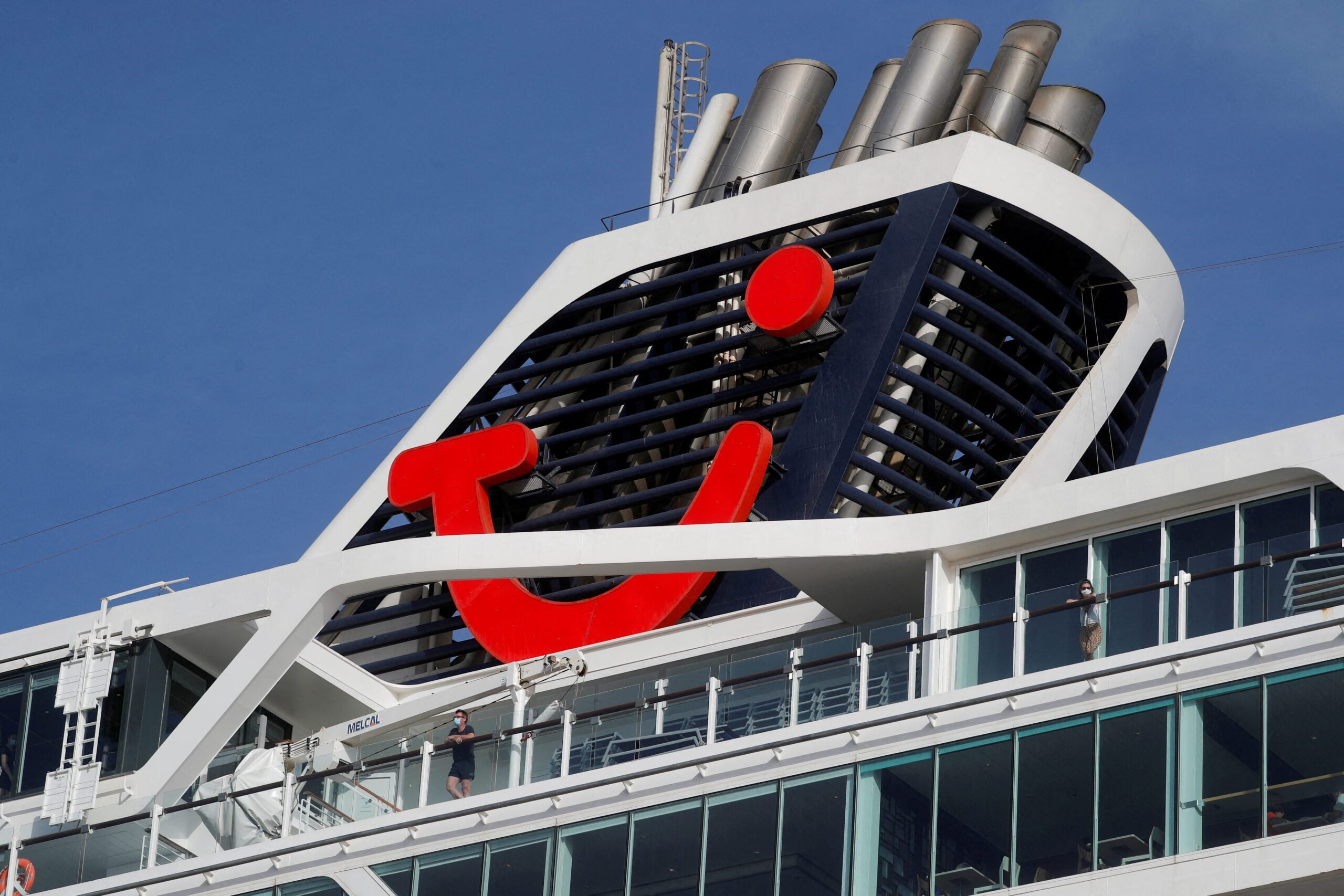 The TUI logo is seen on one of the company's cruise ships