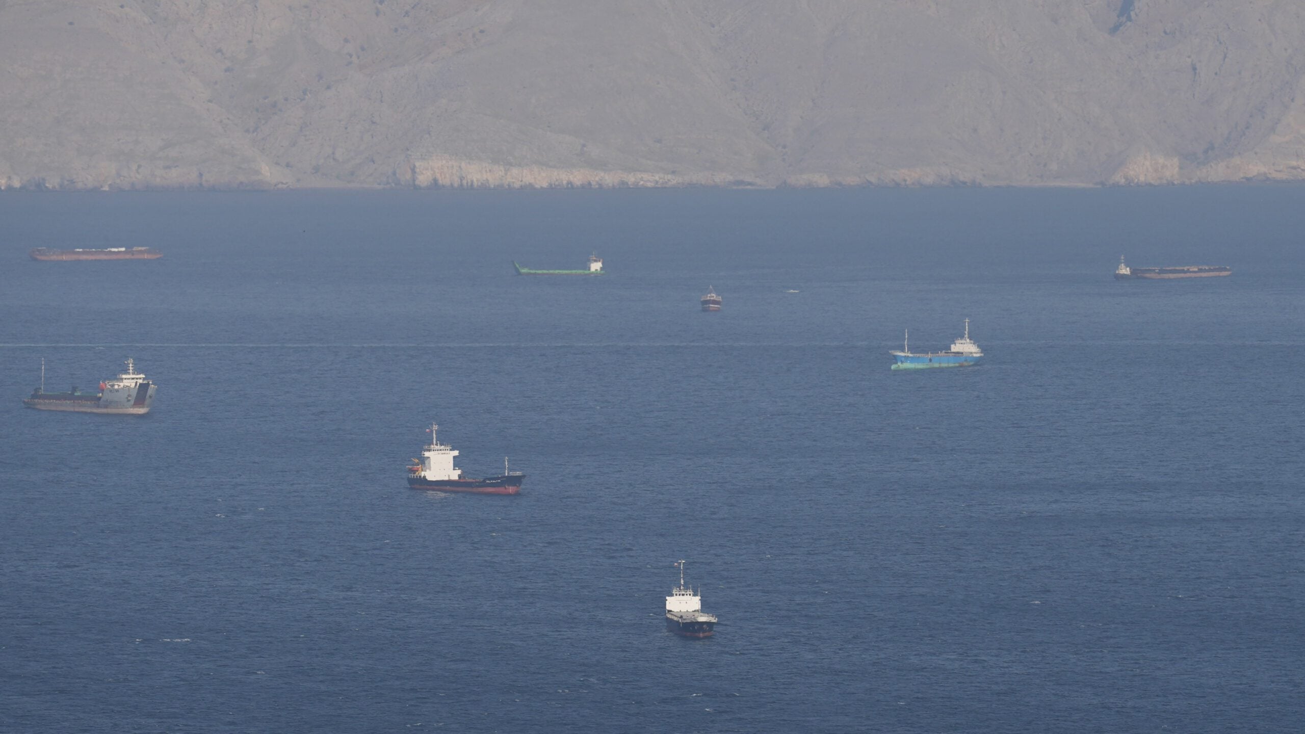 Ships and tankers in the Strait of Hormuz off the coast of Musandam