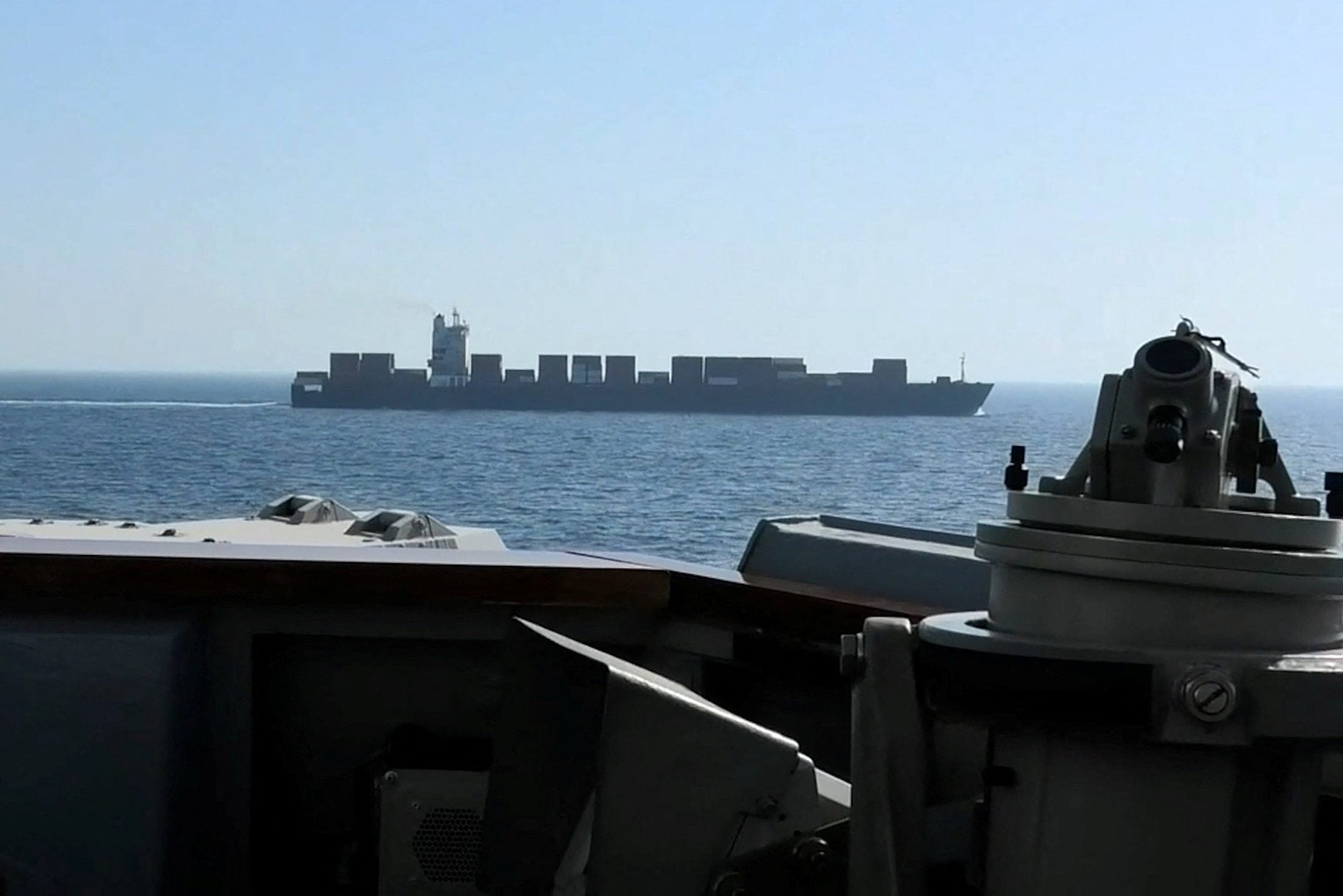 A view of Iranian-flagged cargo ship M/V Touska as the U.S. Navy Arleigh Burke-class Aegis guided missile destroyer USS Spruance conducts its interception in a location given as the north Arabian Sea