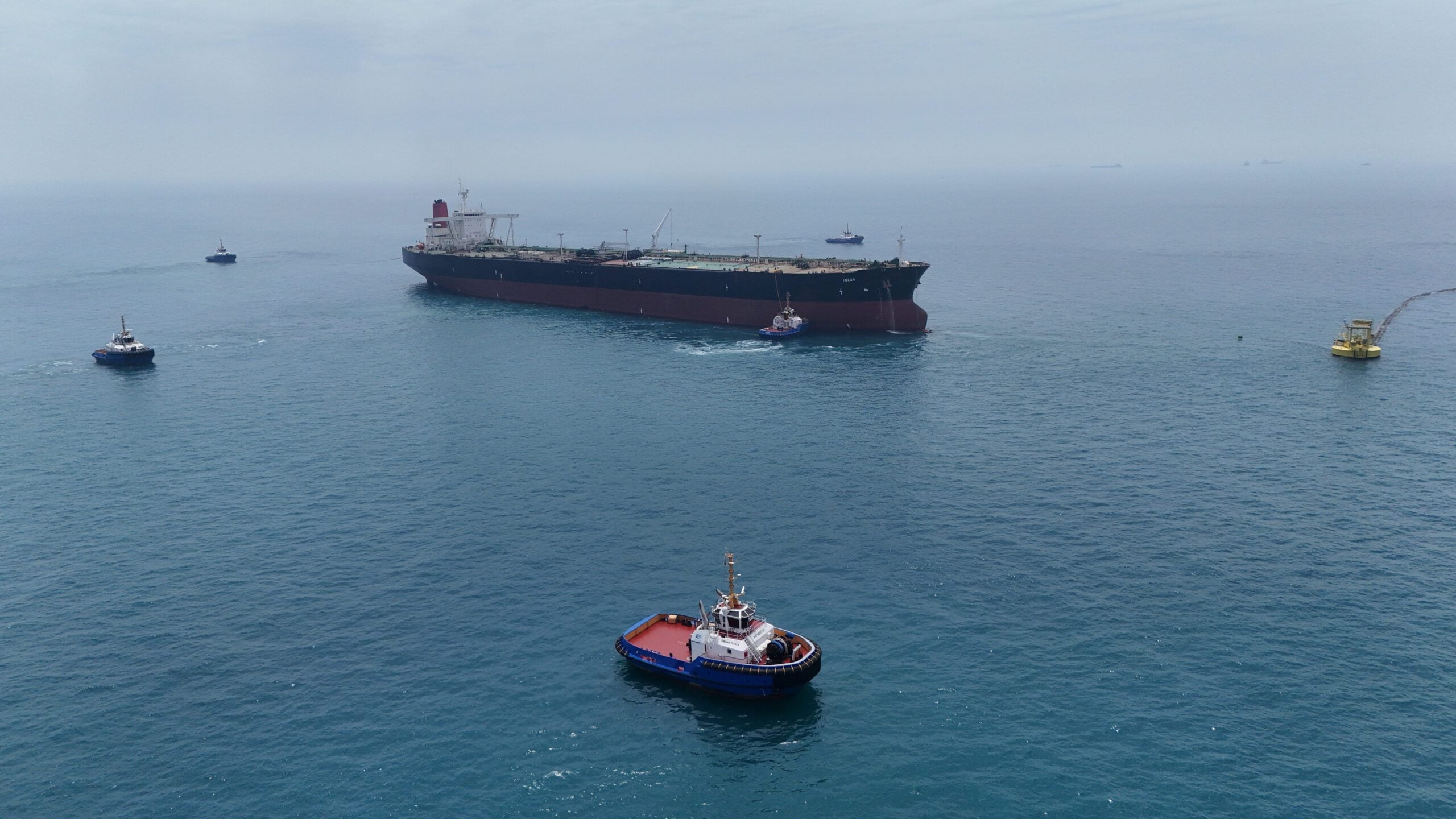 Drone view of oil tanker HELGA berthed at one of Iraq's southern offshore oil terminals near Basra
