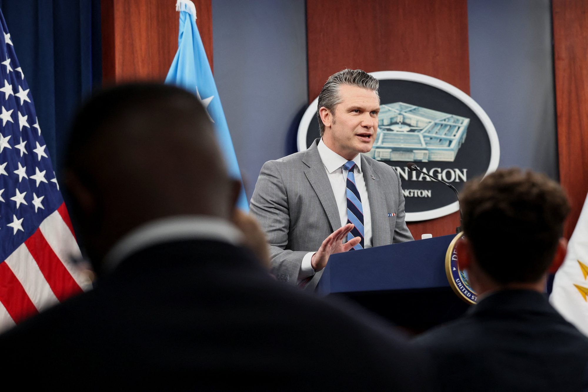 U.S. Secretary of Defense Pete Hegseth speaks during a briefing on the Iran war, amid a ceasefire between the U.S. and Iran, at the Pentagon in Washington