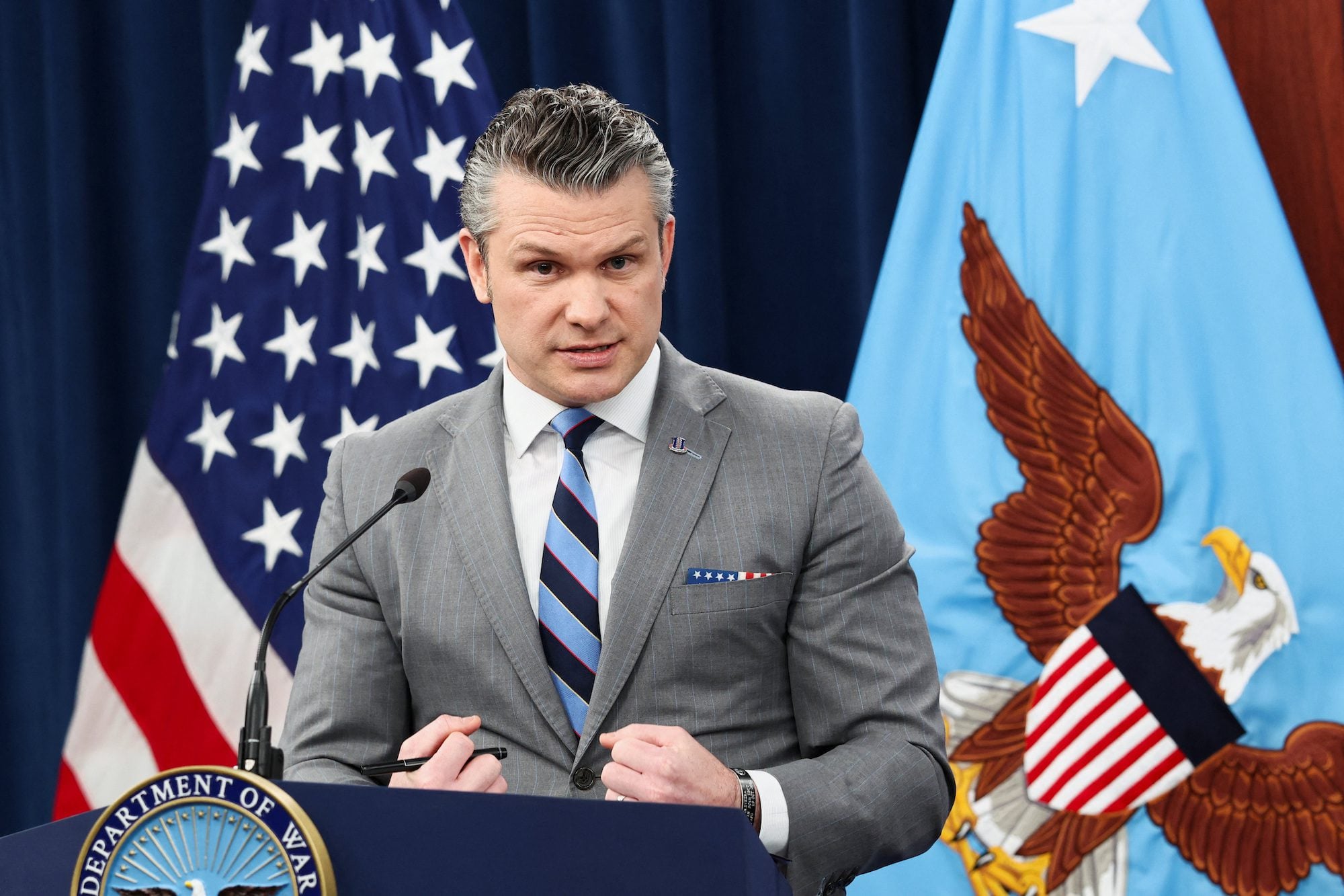 U.S. Secretary of Defense Pete Hegseth holds a briefing on the Iran war, amid a ceasefire between the U.S. and Iran, at the Pentagon in Washington, D.C., U.S., April 24, 2026