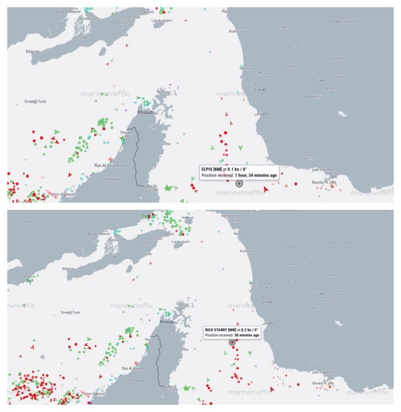 A graphic showing the latest reported positions of the Elpis and Rich Starry.