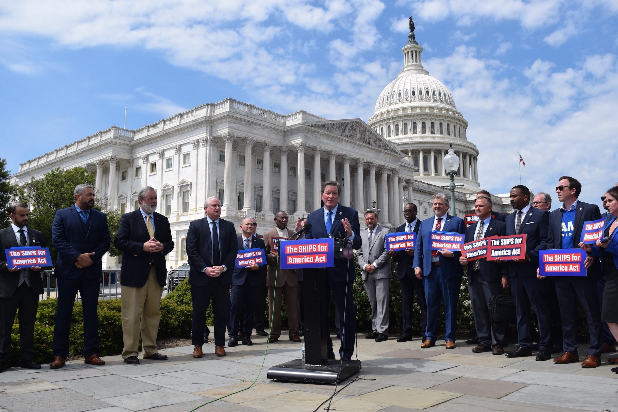 Rep. John Garamendi speaks outside the U.S. Capitol during a press conference with lawmakers, labor leaders and maritime industry representatives urging passage of the SHIPS for America Act, legislation aimed at revitalizing U.S. shipbuilding and the maritime industrial base.