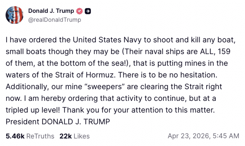 A Trump truth social tweet about Iran's fast attack craft