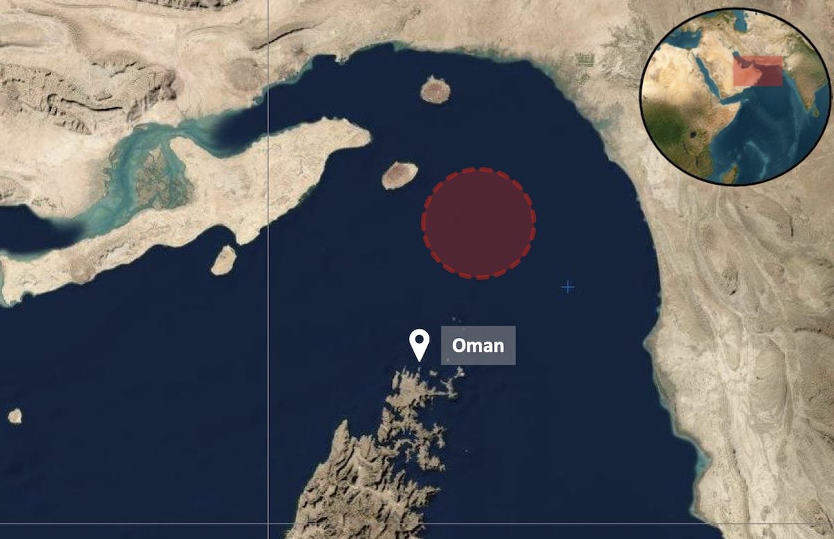 A UKMTO map showing the approximate location of an attack on a containership, which reported being hit by an unknown projectile causing damage to some of the containers