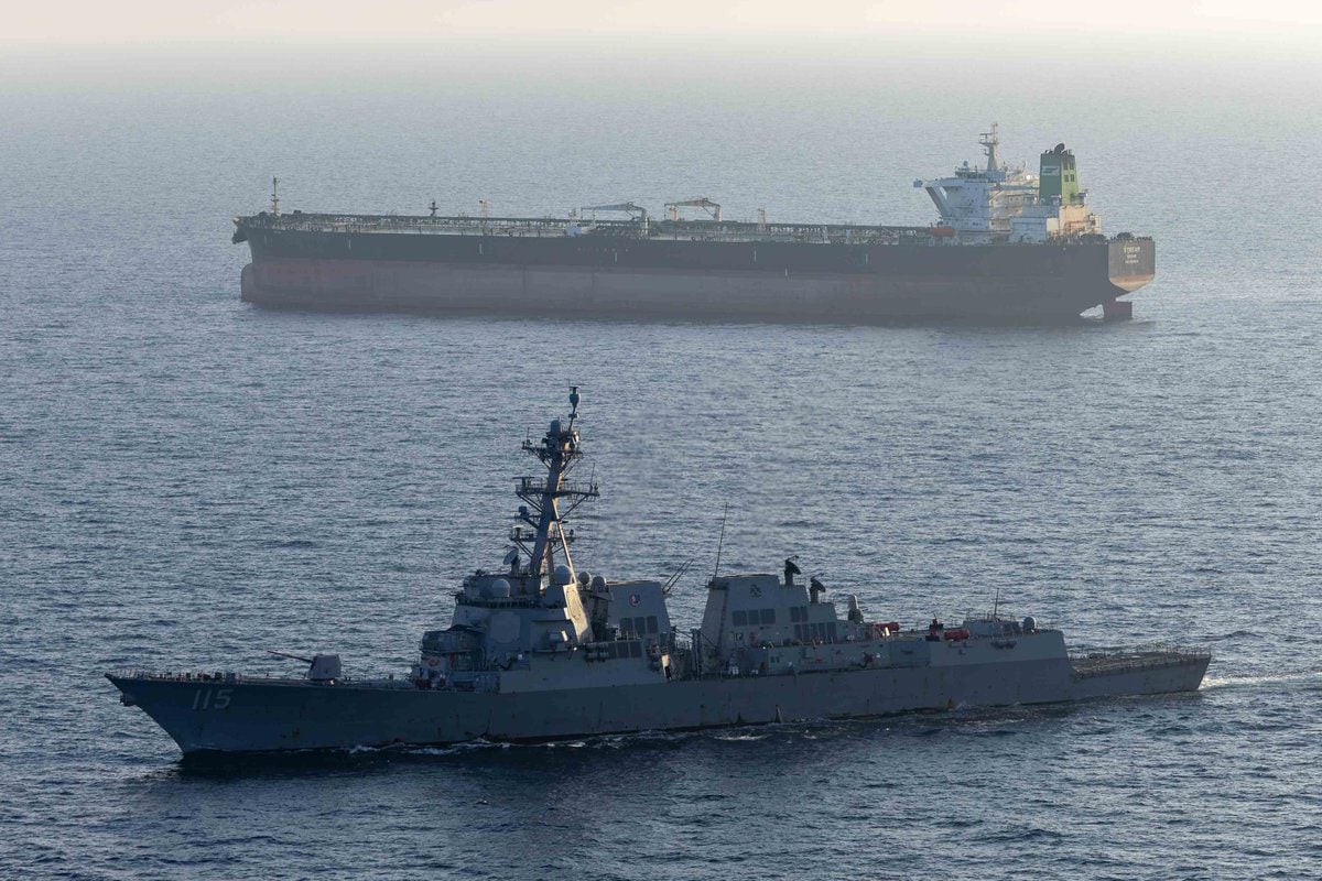 Guided-missile destroyer USS Rafael Peralta (DDG 115) enforces the U.S. blockade of Iranian ports against M/T Stream after it attempted to sail to an Iranian port,