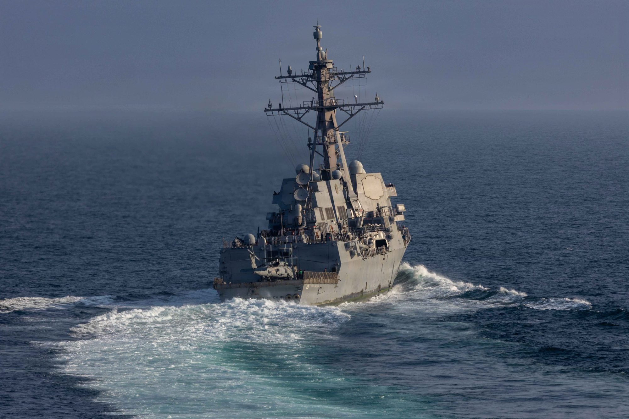 Arleigh Burke-class guided-missile destroyer USS Frank E. Petersen Jr. (DDG 121) sails in the Arabian Sea during Operation Epic Fury, March 18, 2026