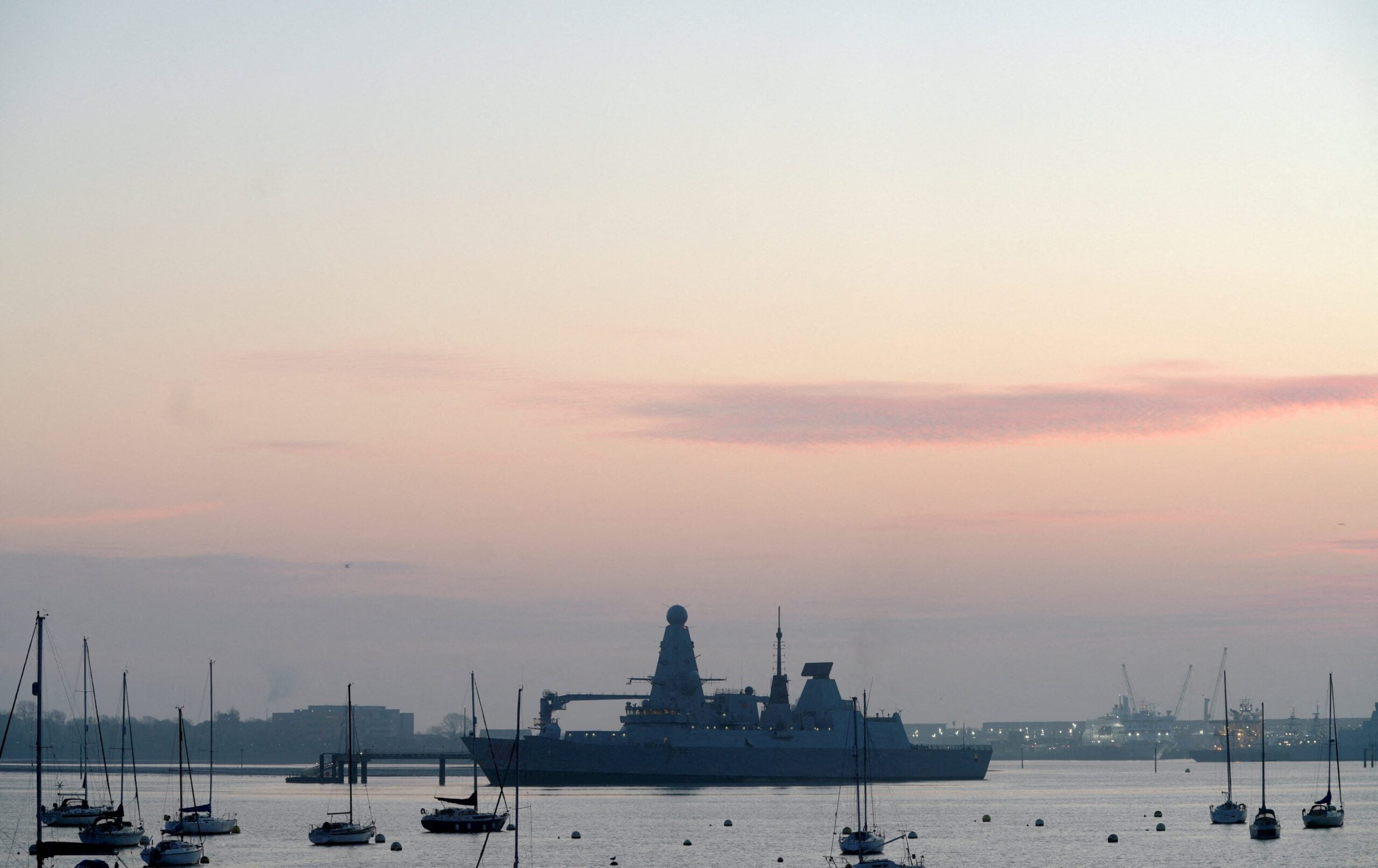 HMS Dragon at Portsmouth Harbour after the British Prime Minister Keir Starmer announced that Britain would deploy the naval vessel