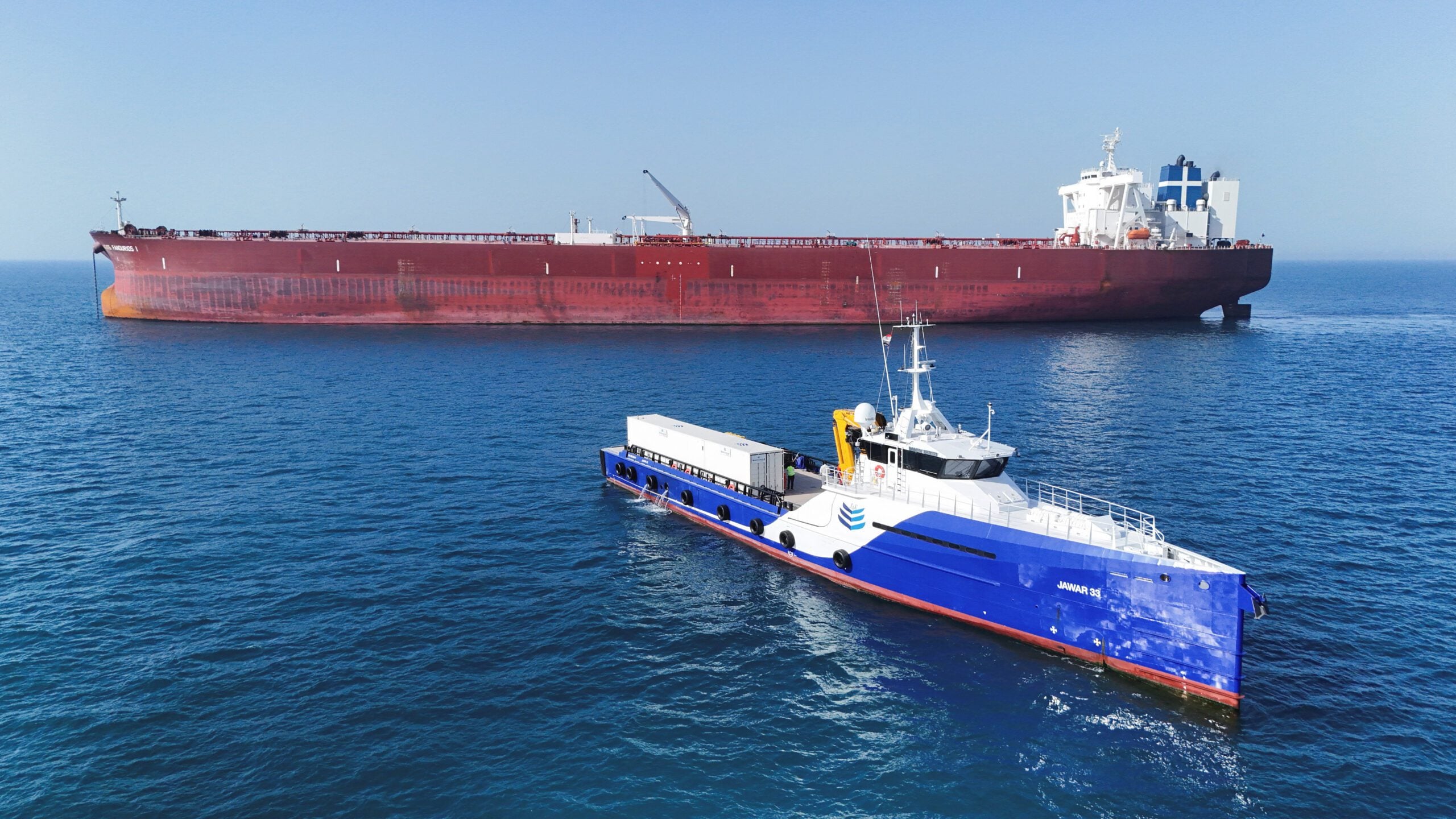 A drone view shows the Malta-flagged tanker Agios Fanourios I arriving in Iraq’s territorial waters off Basra