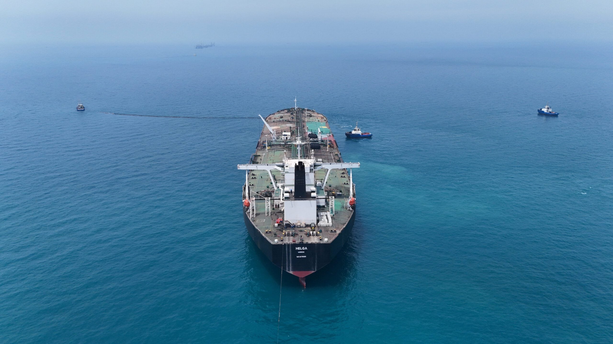 Drone view of oil tanker HELGA berthed at one of Iraq's southern offshore oil terminals near Basra