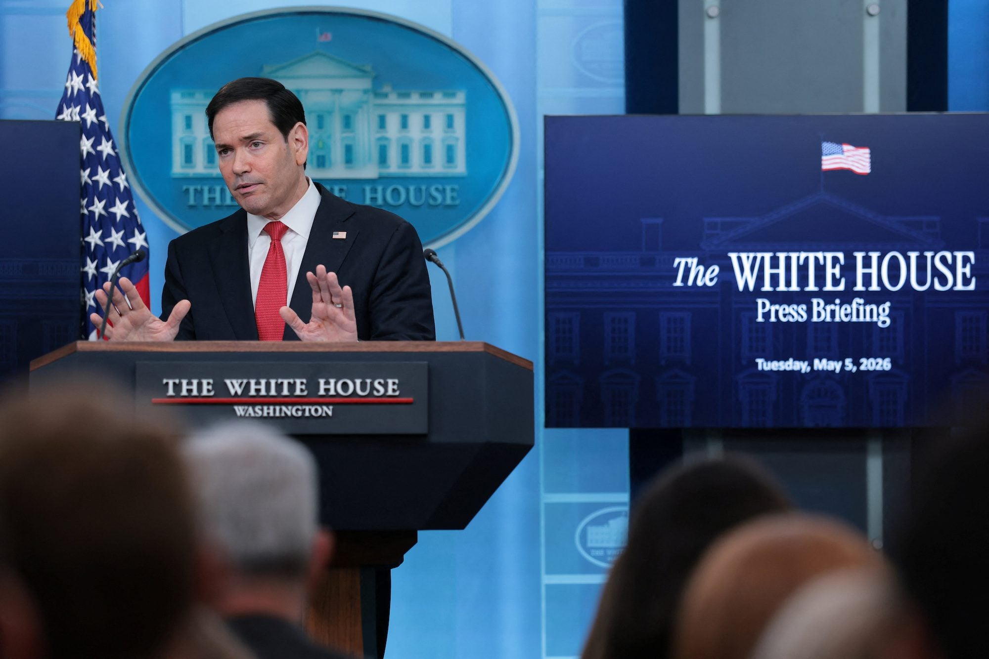 U.S. Secretary of State Marco Rubio speaks during a press briefing in the James S. Brady Press Briefing Room at the White House in Washington, D.C., U.S., May 5, 2026