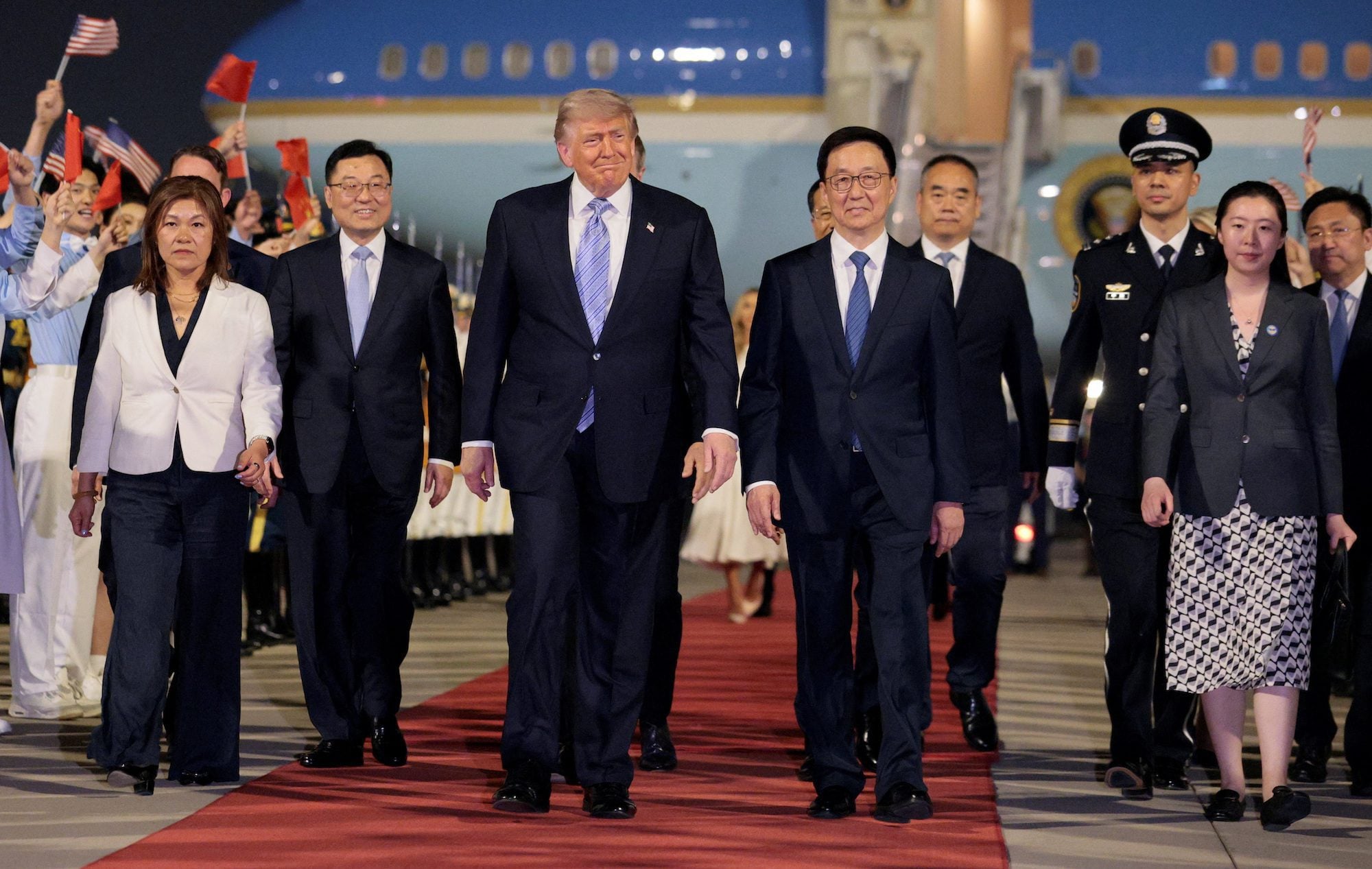 U.S. President Donald Trump participates in an arrival ceremony at Beijing Capital International Airport during his visit to the country, in Beijing, China, May 13, 2026