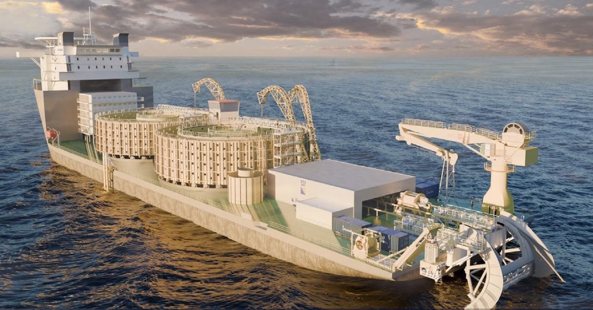 Artist rendering of Boskalis’ next-generation cable lay vessel at sea featuring dual 12,000-ton cable carousels and offshore cable installation equipment for renewable energy infrastructure projects.