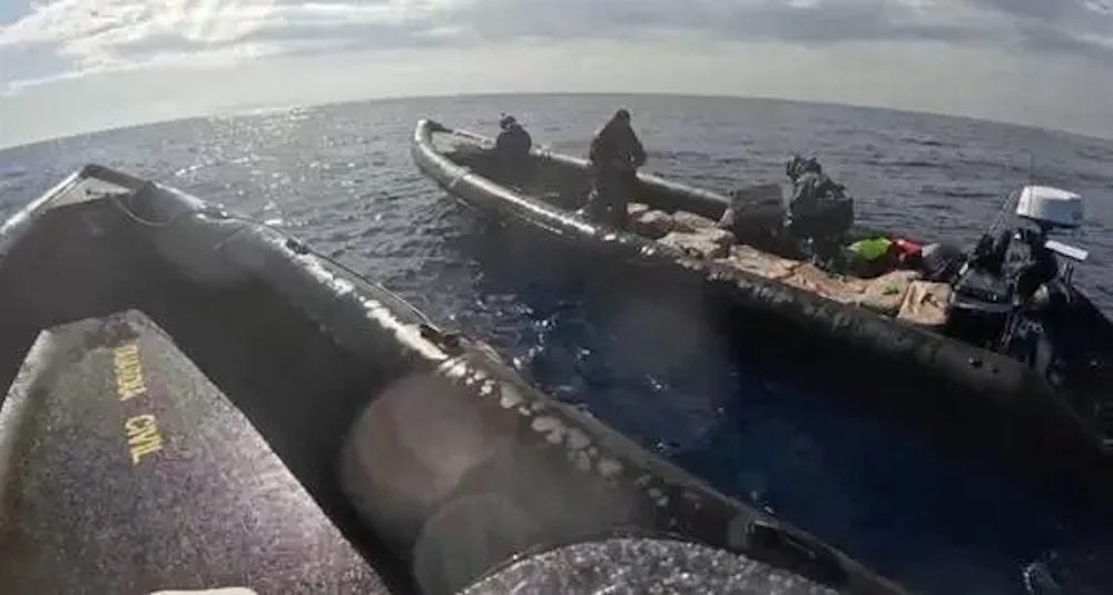 Rigid-hulled inflatable boats at sea during a European anti-drug trafficking operation in the Atlantic Ocean.