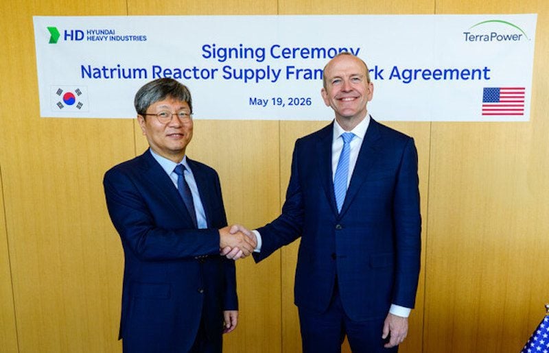 Executives from HD Hyundai and TerraPower pose following the signing of a framework agreement to support manufacturing and supply chain development for TerraPower’s Natrium advanced nuclear reactor program