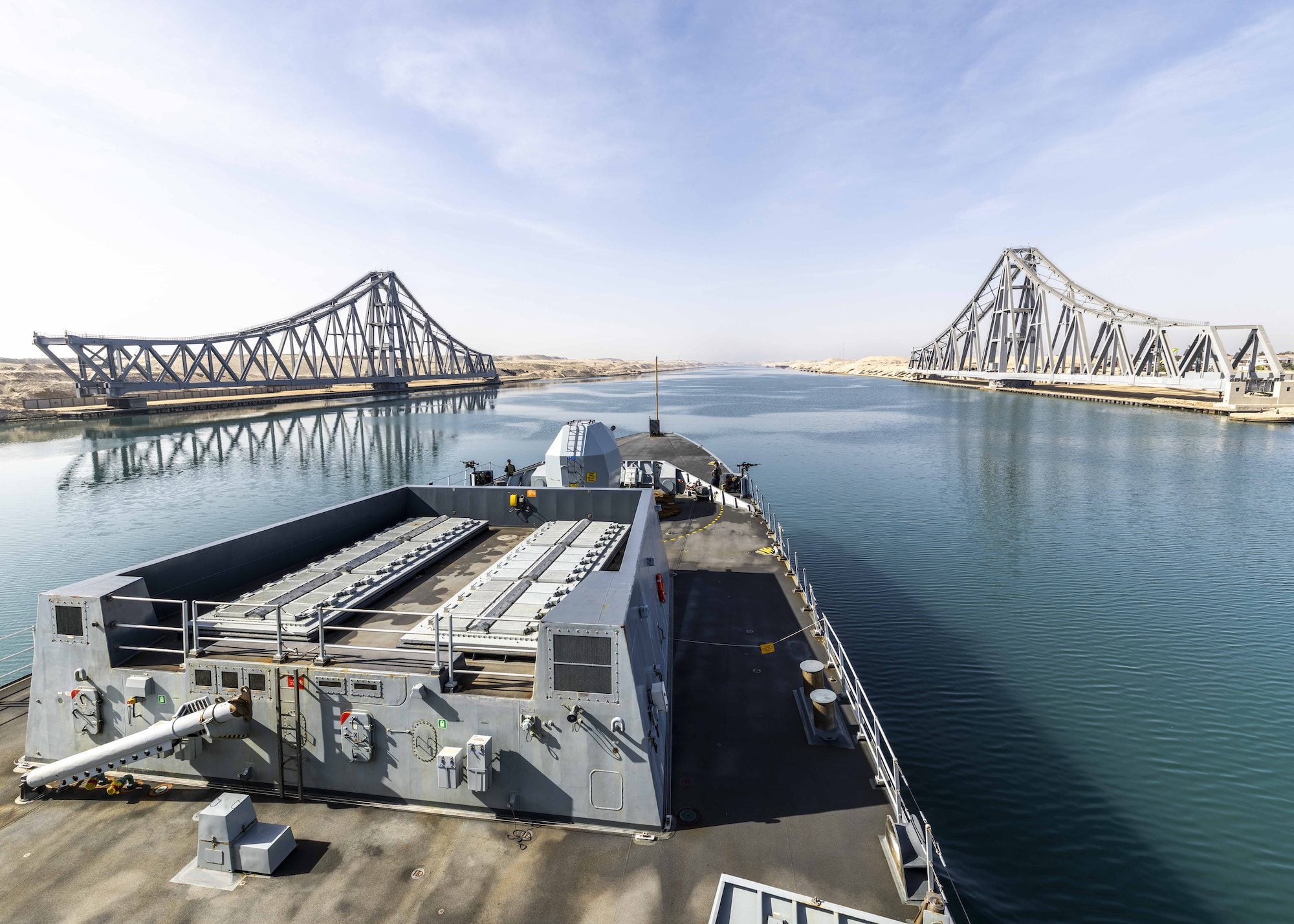 The Royal Navy's HMS Dragon conducts a southbound transit of the Suez Canal ahead of operations in the Middle East