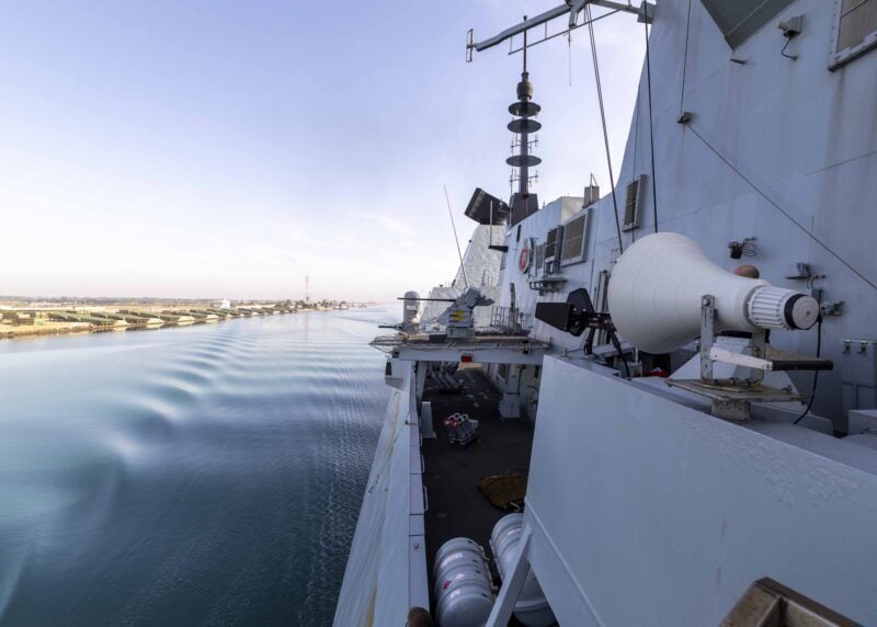 The Royal Navy's HMS Dragon conducts a southbound transit of the Suez Canal ahead of operations in the Middle East