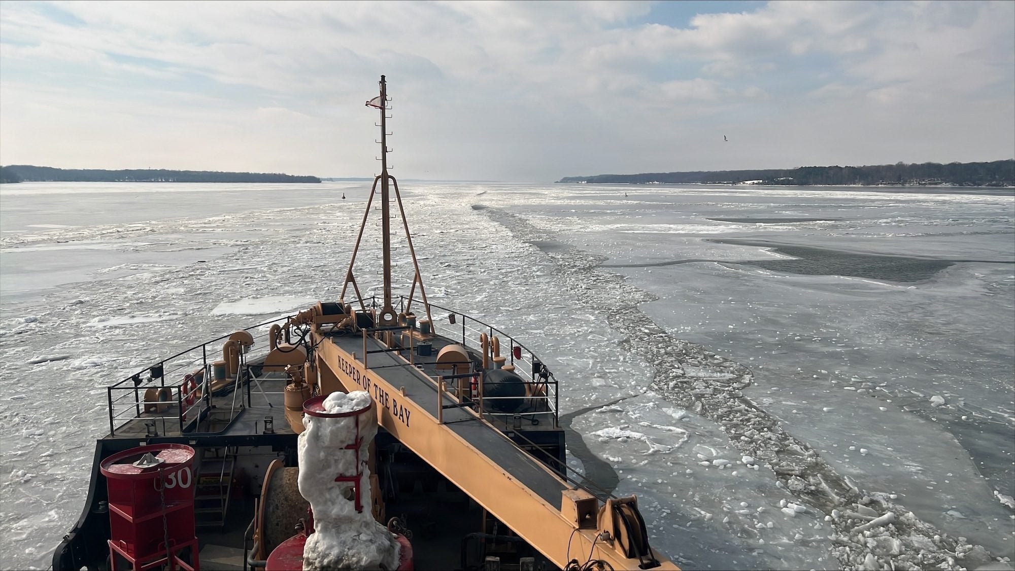 Coast Guard Cutter James Rankin (WLM 555) transits ice-infested waters at the west exit of the Chesapeake and Delaware Canal while underway north of Baltimore, Maryland, Feb. 11, 2026