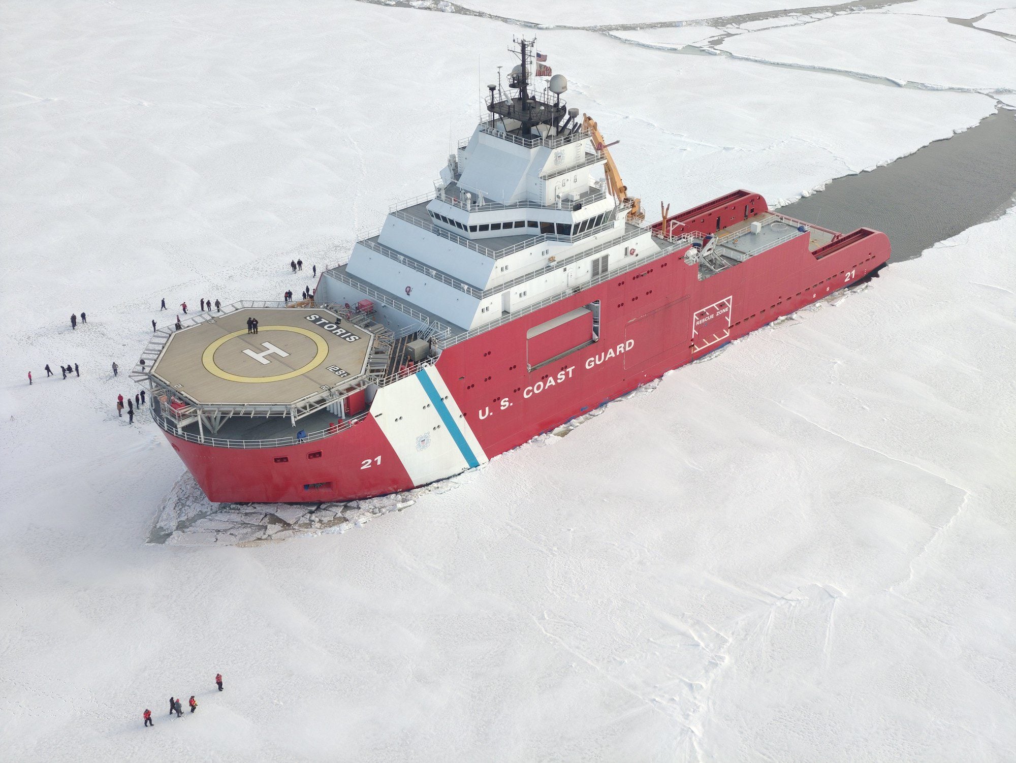 USCGC Storis (WAGB 21) sits hove to in the ice while conducting ice liberty for the crew in the Bering Sea