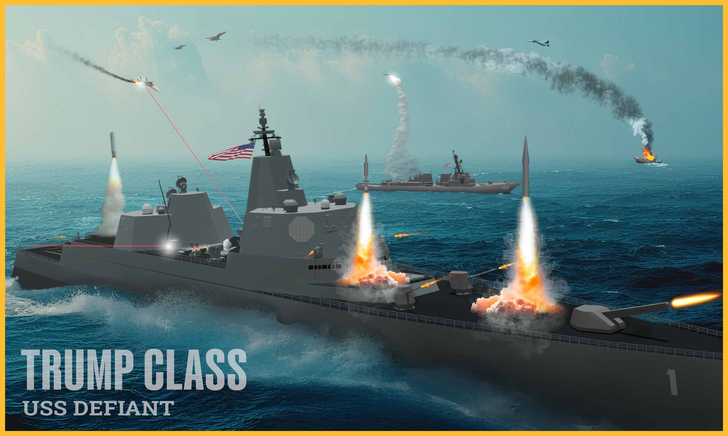 Concept illustration of the proposed Trump-class battleship USS Defiant firing missiles and laser weapons at aerial and surface threats during a naval engagement.