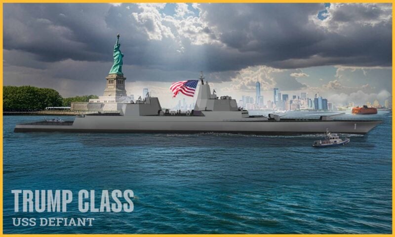 Concept illustration of the proposed Trump-class battleship USS Defiant sailing near the Statue of Liberty and the New York City skyline.
