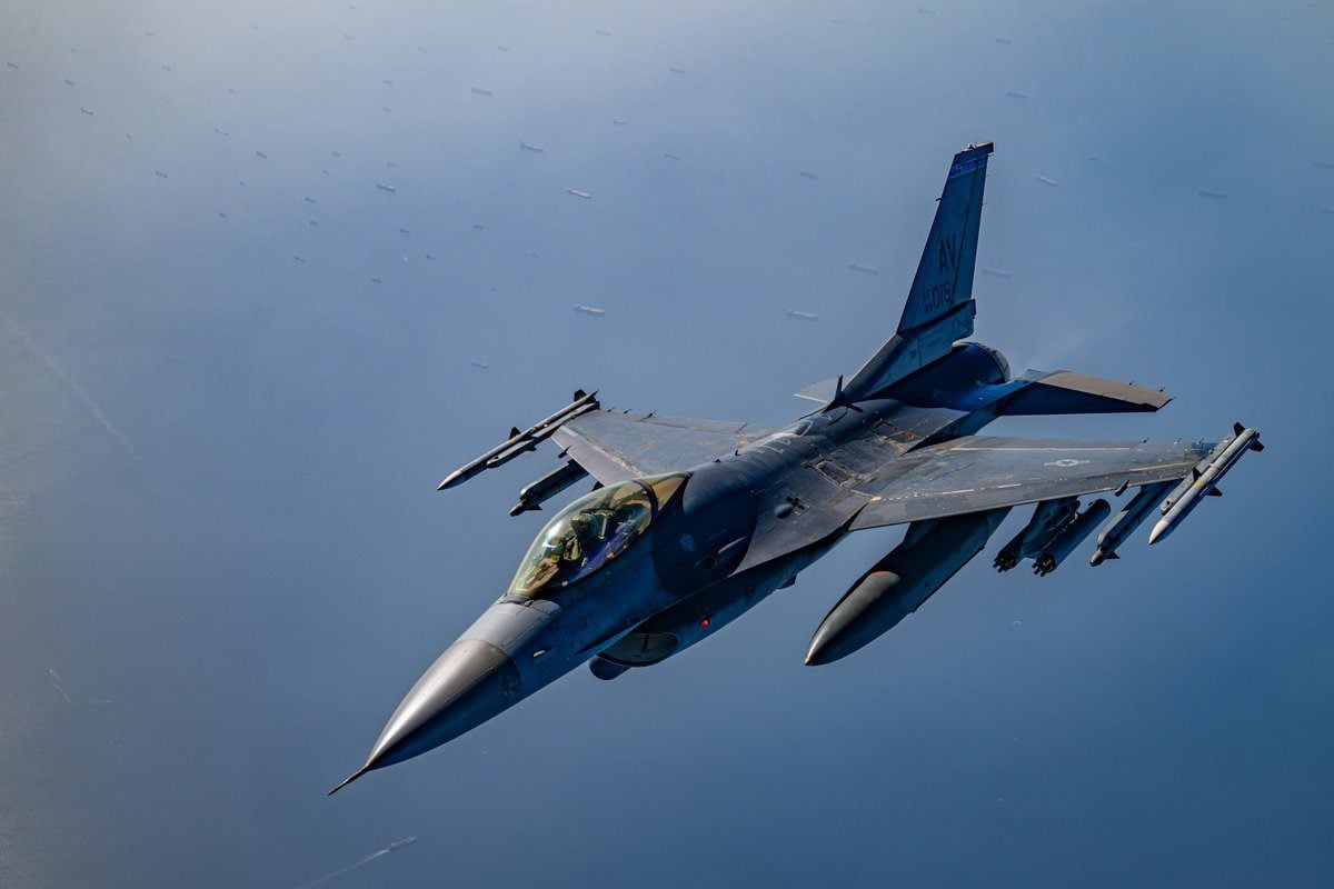 A U.S. Air Force F-16 fighter jet patrols near the Strait of Hormuz.